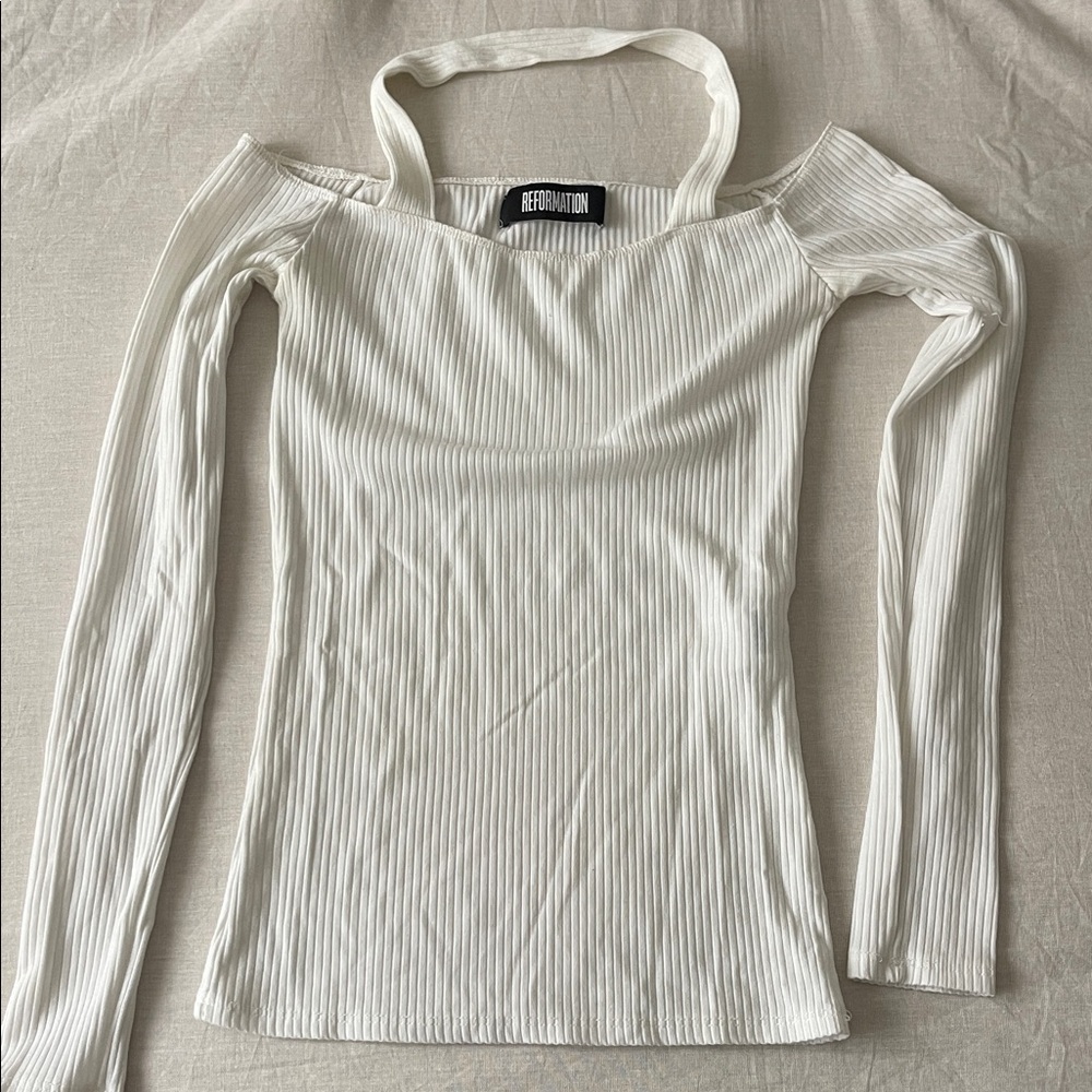reformation  White Ribbed Off-Shoulder Top